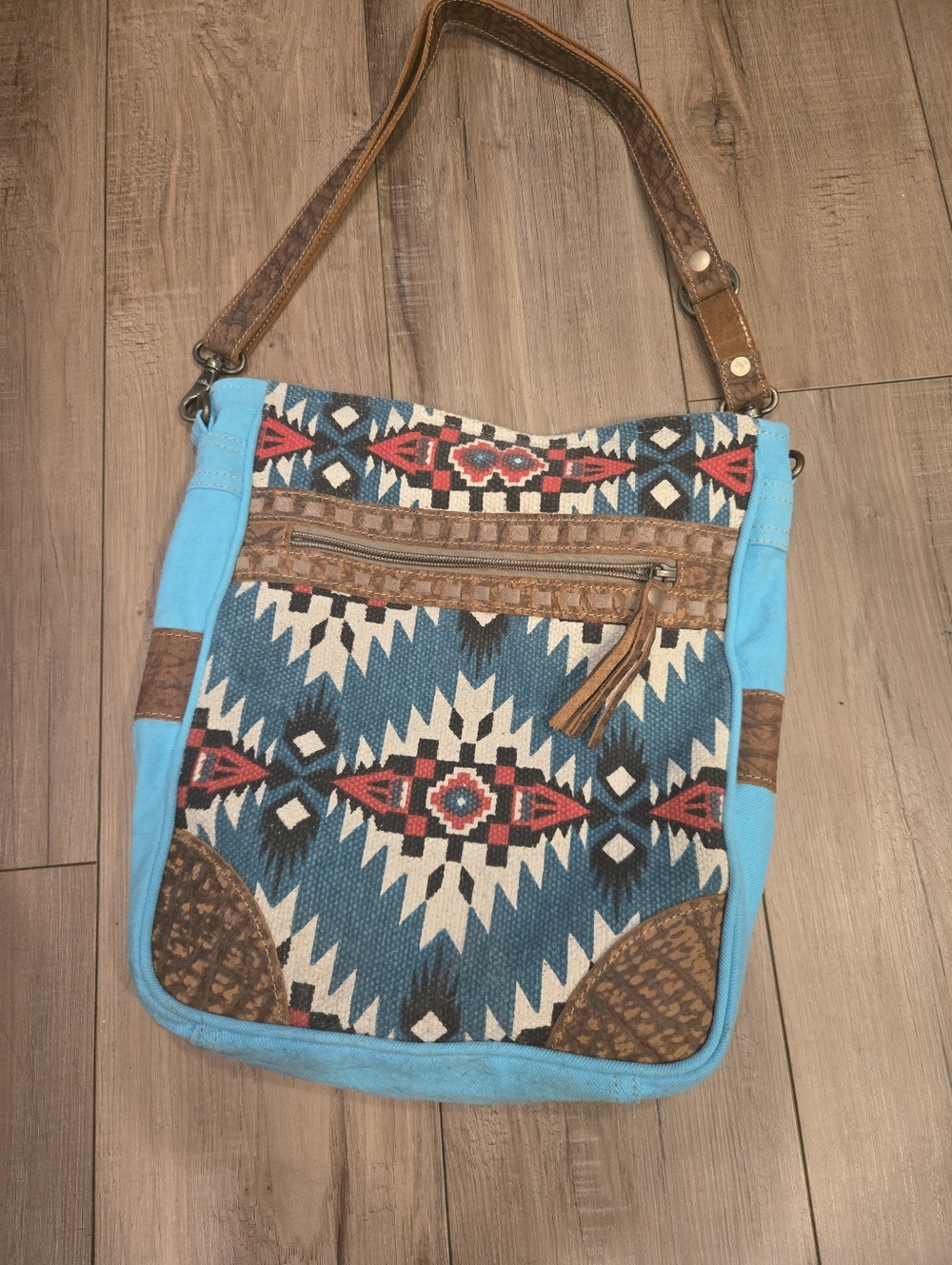 Myra Bag Southwestern Aztec Print Crossbody Shoulder Bag in Turquoise & Brown